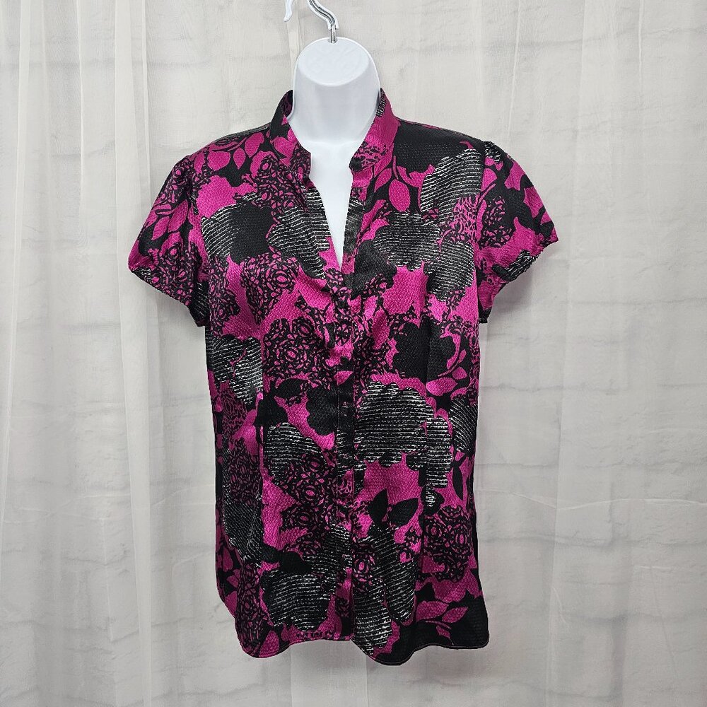 Worthington Goth Blouse Purple Black Floral Coquette Retro Button Up L